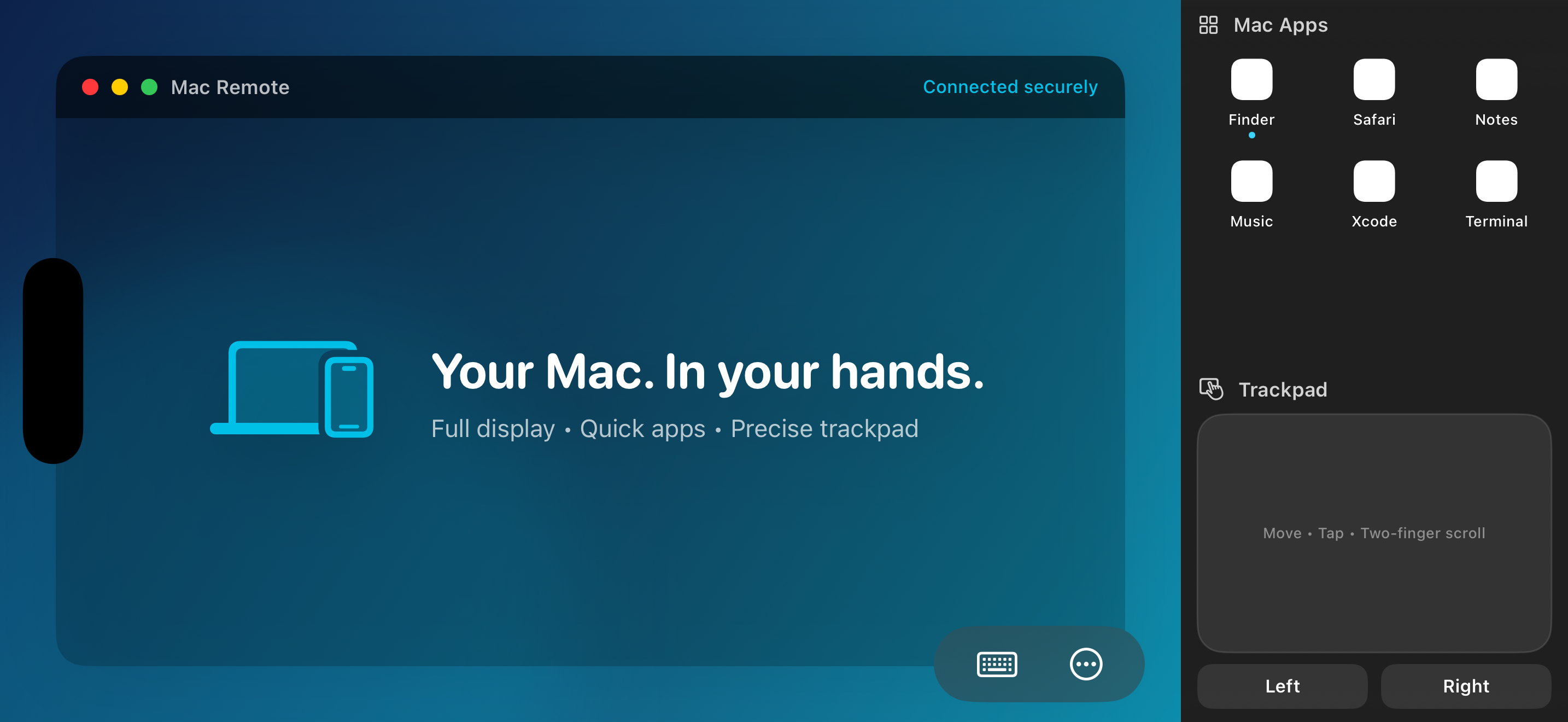 Mac Remote on an iPhone showing a full Mac display with quick-launch apps and a trackpad